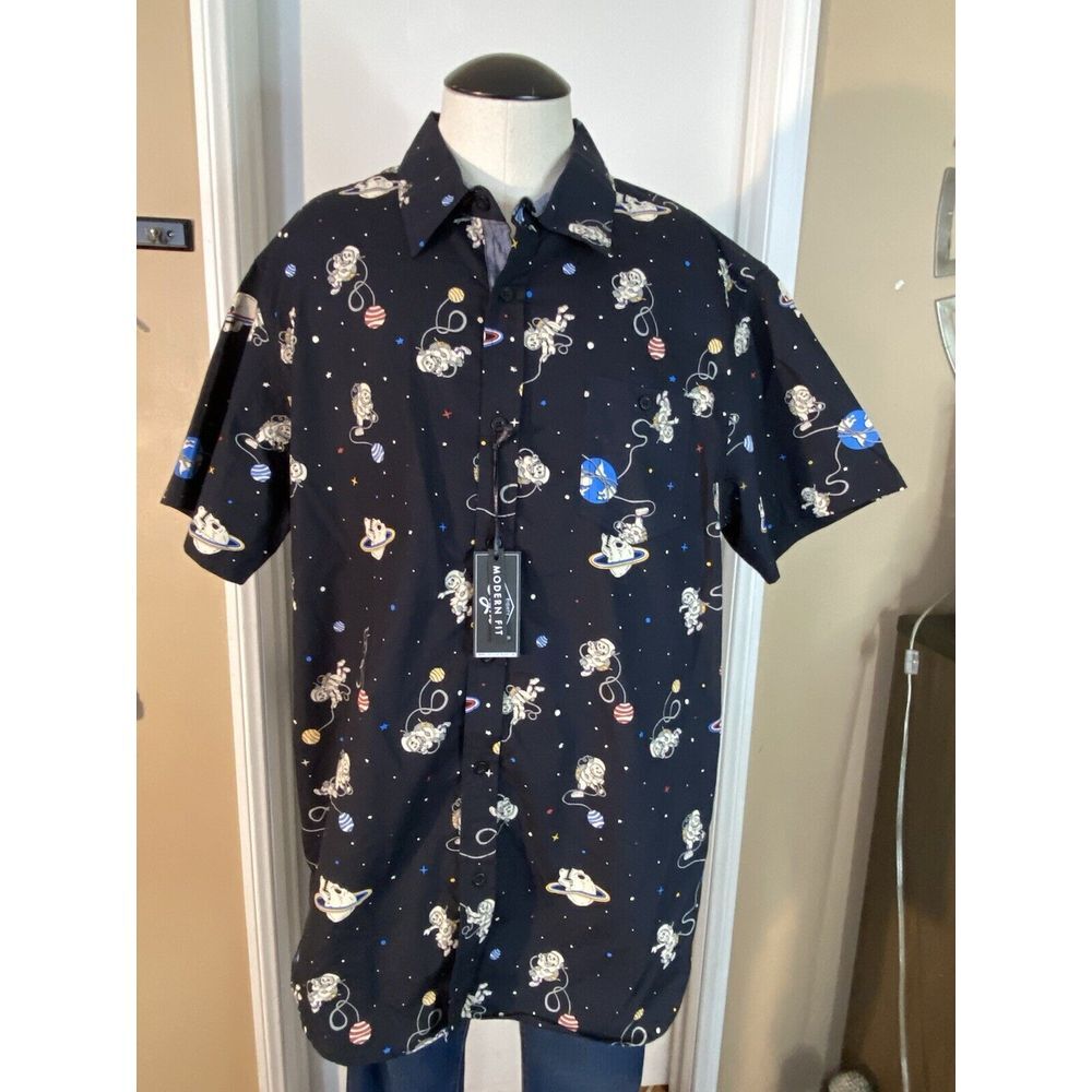 Eighty Eight Skeleton Astronaut Button Up Shirt-Size XL Short Sleeve-Blue